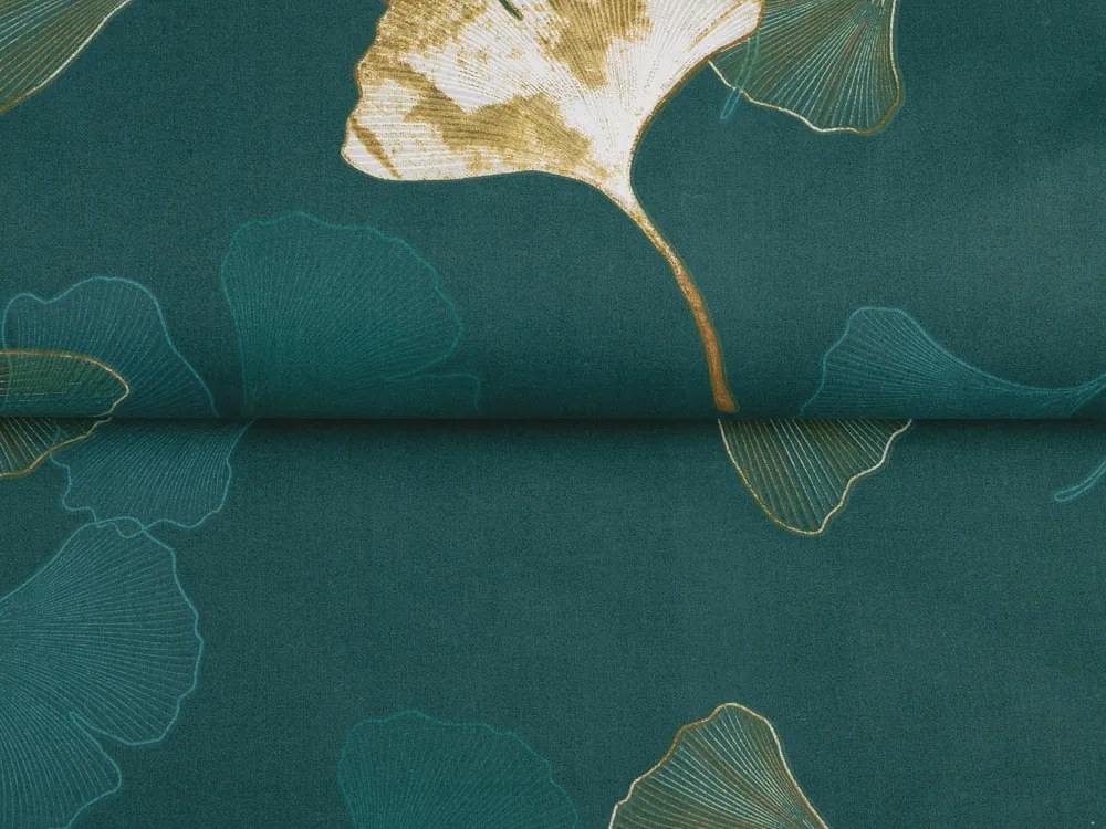 Bavlnená látka/plátno Sandra SA-428 Ginkgo listy na petrolejovom - šírka 145 cm