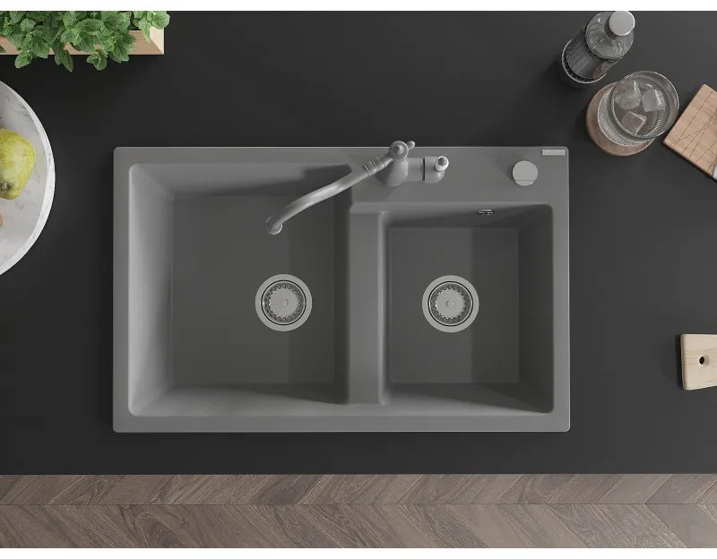 Mexen Tomas, granitový drez 800x500x190 mm, 2-komorový a drezová batéria Carla, šedá, 6516-71-670700-71