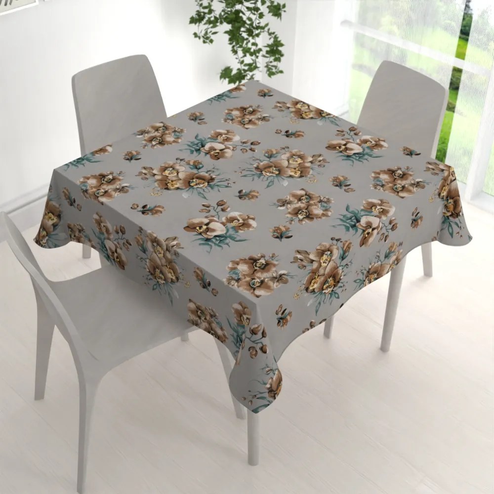 Biante Bavlnený štvorcový obrus Sandra SA-622 Hnedé orchidey na sivom 70x70 cm