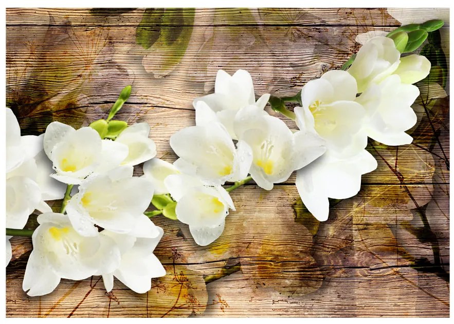 Artgeist Fototapeta - Freesia on Wood Veľkosť: 196x140, Verzia: Samolepiaca