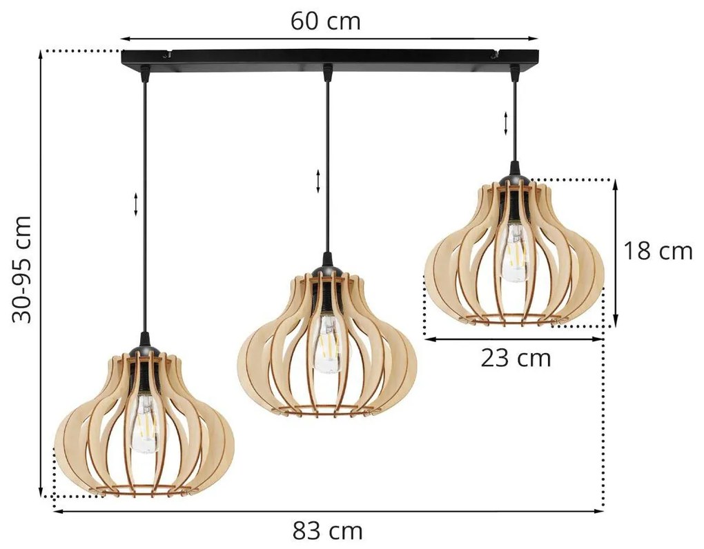 Závesné svietidlo Timber 3, 3x drevené tienidlo