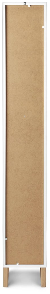 Vysoká kúpeľňová skrinka s otvorenou poličkou, zásuvkou a dvierkami, úzka