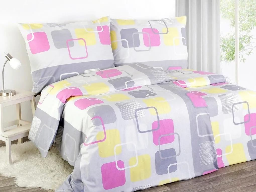 Škodák Bavlnené posteľné obliečky vzor B-651 Ružové a žlté štvorce na sivom - Jednolôžko 140 x 200 cm