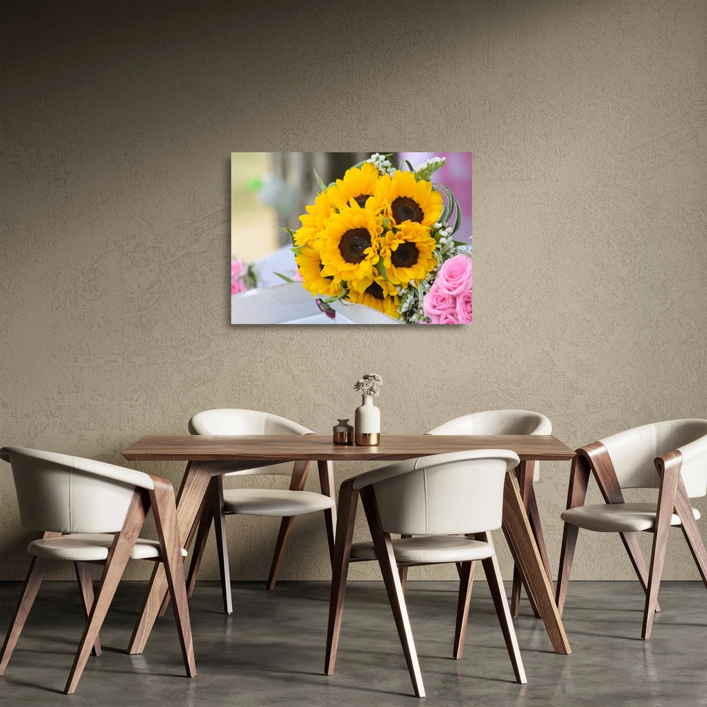 Sklenený obraz svadobnej kytice zo slnečníc (70x50 cm)