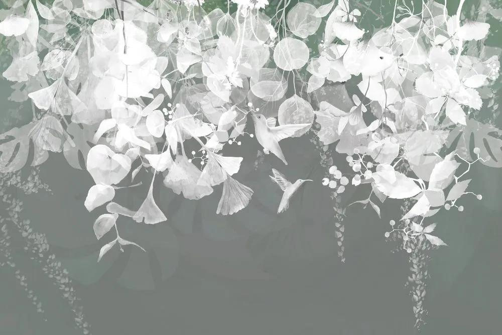 Samolepiaca tapeta šedo-zelené listy s kolibríkmi