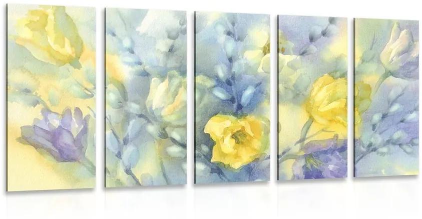5-dielny obraz akvarelové žlté tulipány