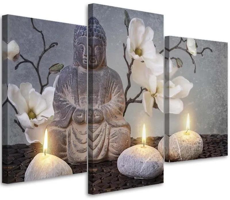 Obraz na plátně třídílný Buddha Orchidej Květiny Příroda - 120x80 cm