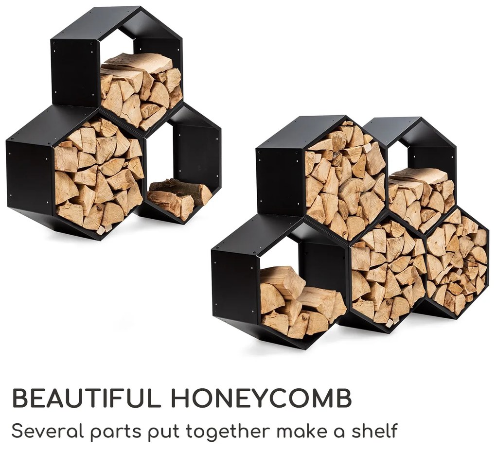 Blumfeldt Hexawood Black, stojan na drevo, šesťuholníkový tvar, 50,2 × 58 × 32 cm