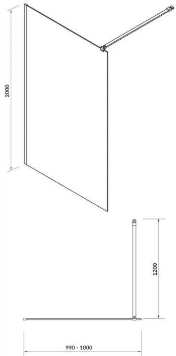 Cersanit Mille, sprchová zástena typu Walk-In 100x200 cm, 8mm číre sklo, čierny profil, S161-003