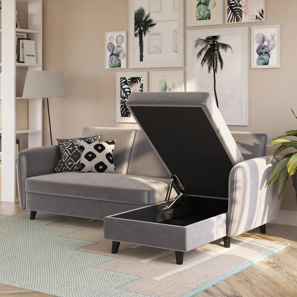 Sivá zamatová rozkladacia rohová pohovka Perry – Støraa