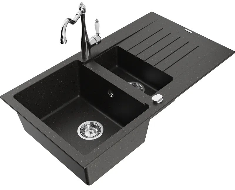 Mexen Matias, granitový drez 900x505x200 mm, 1,5-komorový a drezová batéria Carla, čierna-zlatá metalíza, 6502-75-670700-00