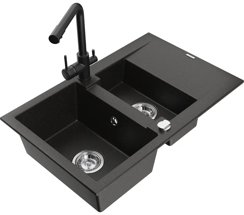 Mexen Gaspar, granitový drez 737x475x177 mm, 1,5-komorový, čierna batéria Duero, čierna-zlatá metalíza, 6507-75-671600-70