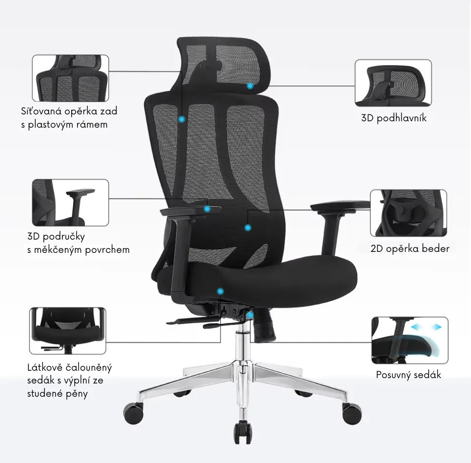 Kancelárska ergonomická stolička Neoseat TIYA — sieť / látka, čierna, nosnosť 150 kg