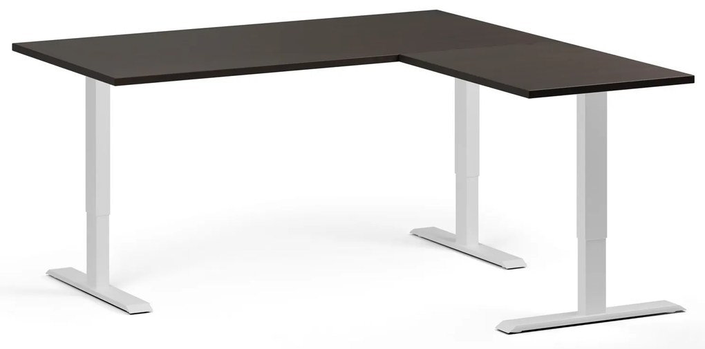 Rohový výškovo nastaviteľný stôl, 160x160 cm, 3 motory, L/P, biela podnož, wenge