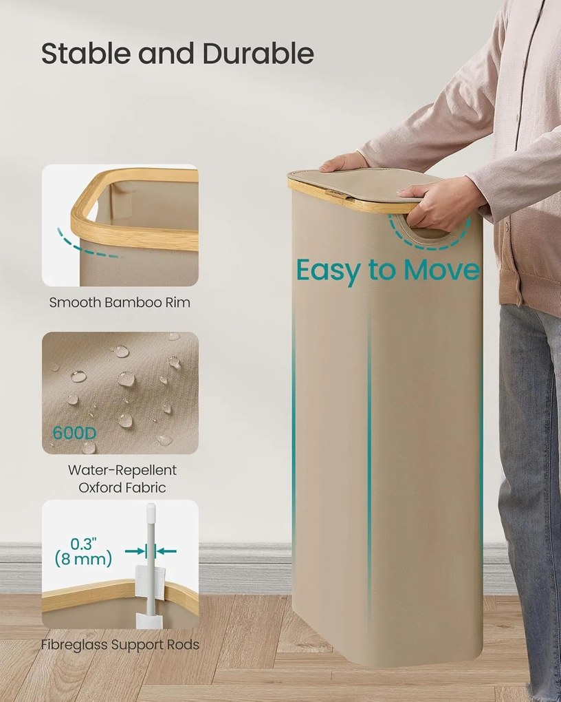 Kôš na prádlo s viečkom, úzky úložný kôš na prádlo, 65 L, 42 x 22,5 x 70,5 cm, Tehlovo hnedá