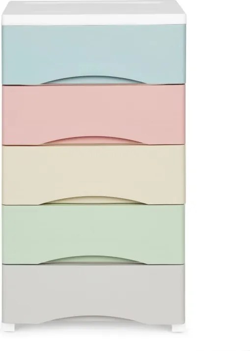 Polica s 5 výsuvnými zásuvkami, nohy s kolieskami, farebné zásuvky
