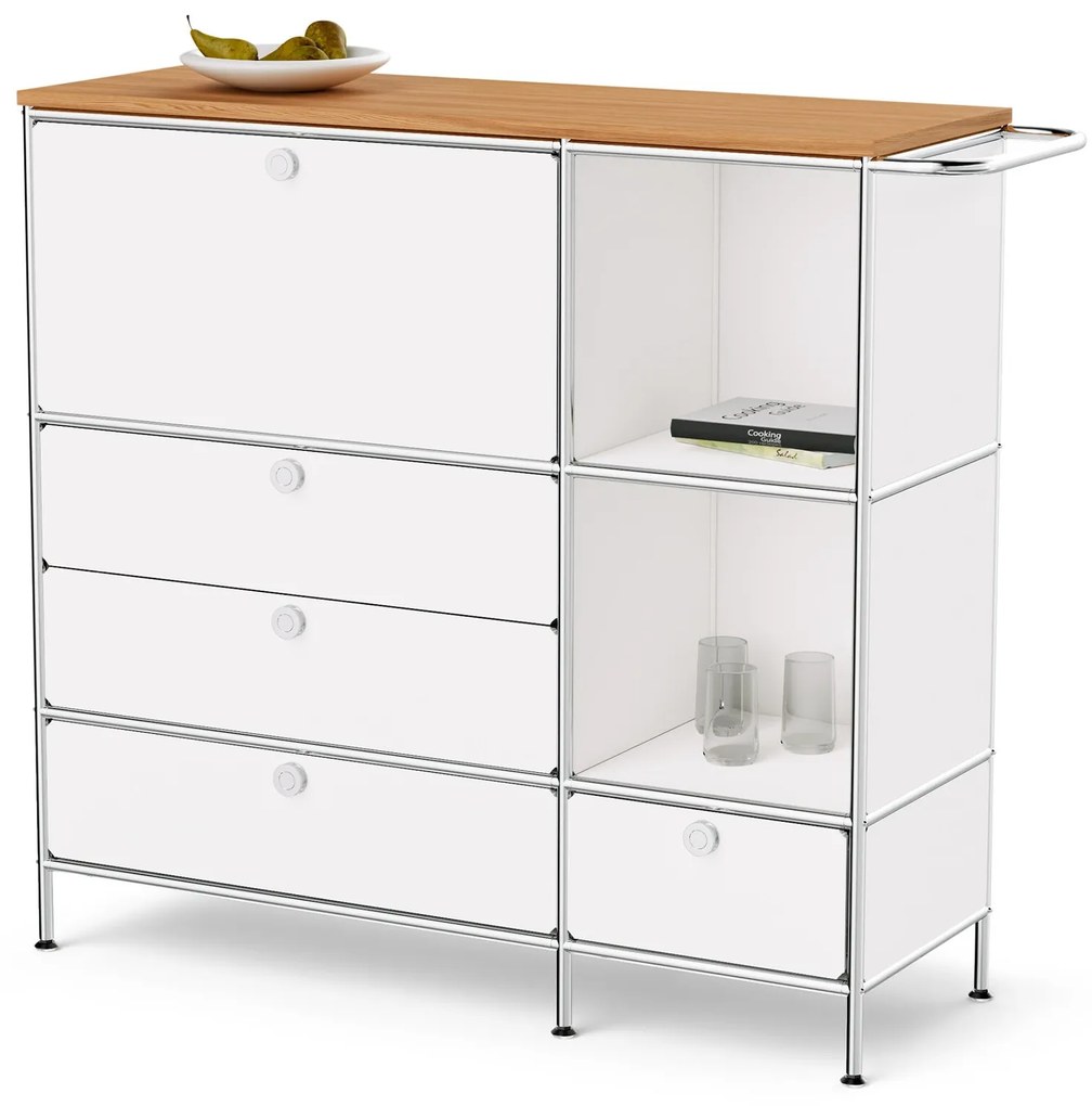 Kovová odkladacia skrinka »CN3« s drevenou doskou, 1 priehradkou a 4 zásuvkami, biela