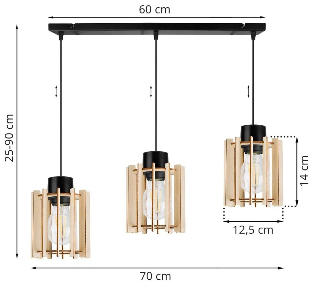 Závesné svietidlo Timber 7, 3x drevené tienidlo
