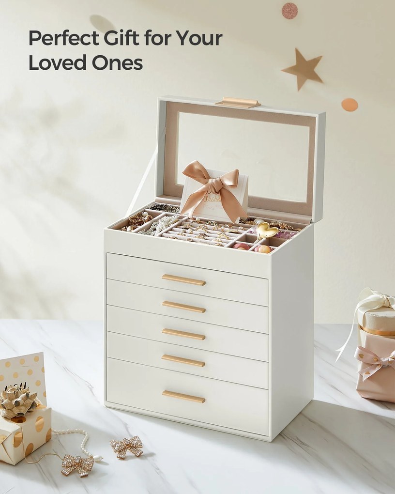 Šperkovnica s skleneným vrchnákom, 6-poschodový organizér na šperky s 5 zásuvkami, 16,3 x 25,1 x 29 cm, oblá biela