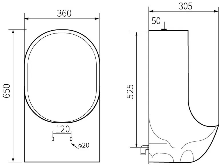 Mexen Mateo, závesný pisoár 65x36x30,5 cm, čierna matná, 37036570