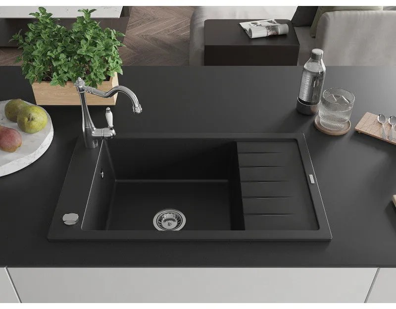 Mexen Elias, granitový drez 795x480x200 mm, 1-komorový a drezová batéria Carla, čierna, 6511-77-670700-00
