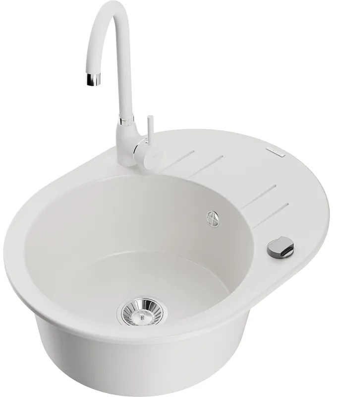 Mexen Kevin, drez granitový 586x458x190 mm, 1-komorový a biela matná batéria Telma, biela, 6517-20-670200-20