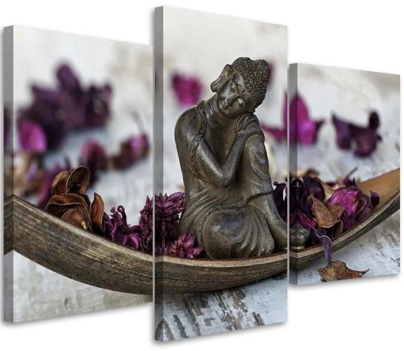 Obraz na plátně třídílný Buddha Zen Květiny Fialová - 120x80 cm
