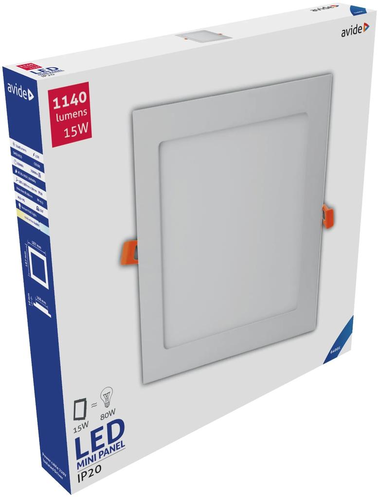 AVIDE Zápustný LED panel, 15W, studená biela, 19x19cm, štvorec, biely