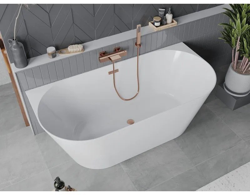 Mexen Oval Slim, voľne stojaca vaňa ku stene 170 x 80 cm, biela lesklá, medená matná prepad, 52661708000-65