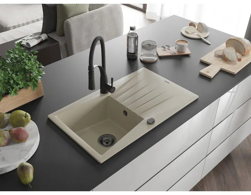 Mexen Cesar, 1-komorový granitový drez 775x470x190 mm a drezová batéria Aster, béžová, 6514-69-73450-70-B