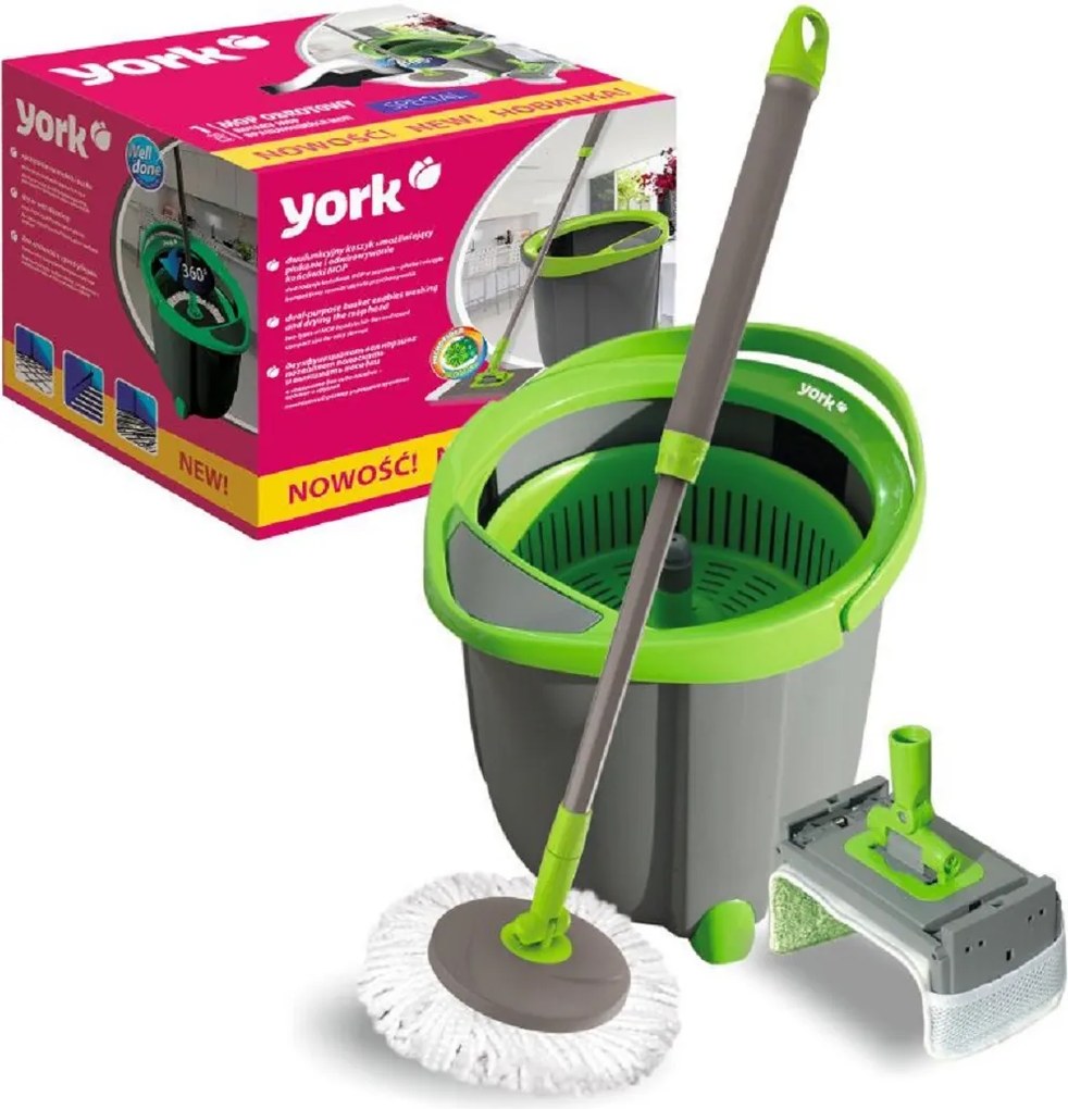 Plochý rotačný mop – sada z mikrovlákna + vedro, teleskopická tyč, náhradná sada York