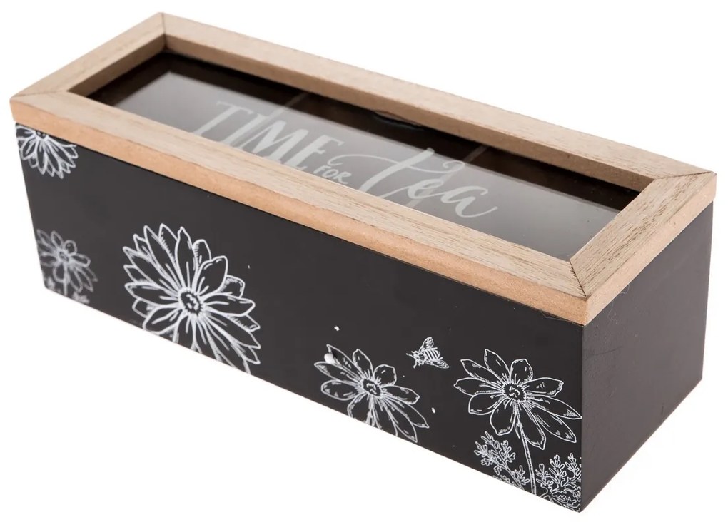 Drevený box na čajové vrecká Meadow flowers čierna, 23 x 8 x 8 cm