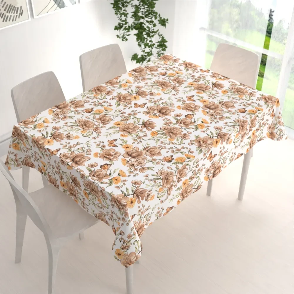 Biante Bavlnený obdĺžnikový obrus Sandra SA-458 Hnedé kvety magnólie s motýlikmi na bielom 140x200 cm