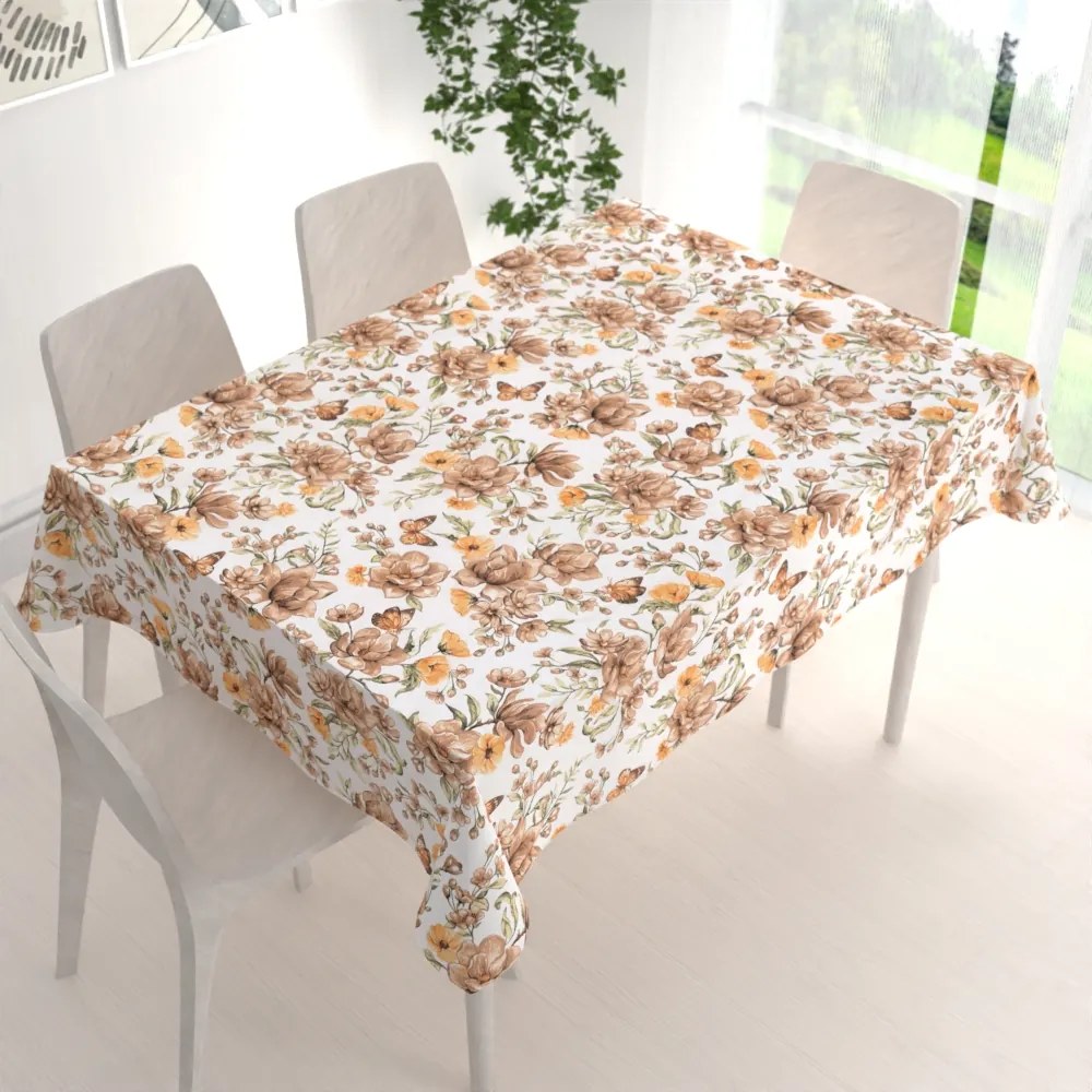 Biante Bavlnený obdĺžnikový obrus Sandra SA-458 Hnedé kvety magnólie s motýlikmi na bielom 60x100 cm