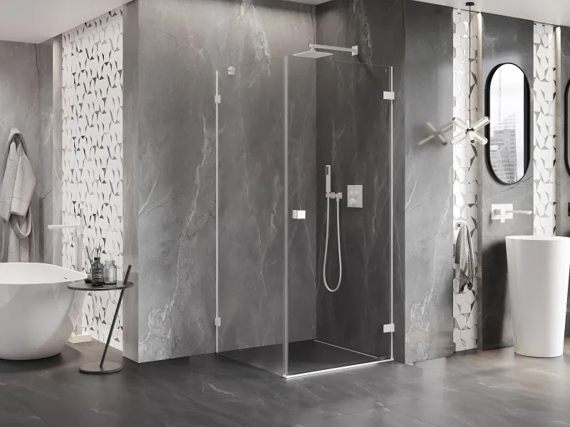 Mexen Lunar-B, pravostranný výklopný sprchový kút 90 x 90 cm, 8mm číre sklo, biely profil, 832-090-090-20-00-P