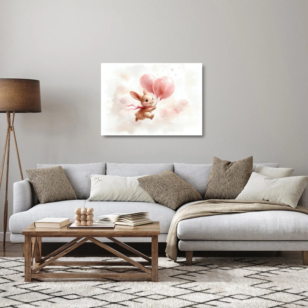Sklenený obraz - Zajačik s balónikmi (70x50 cm)