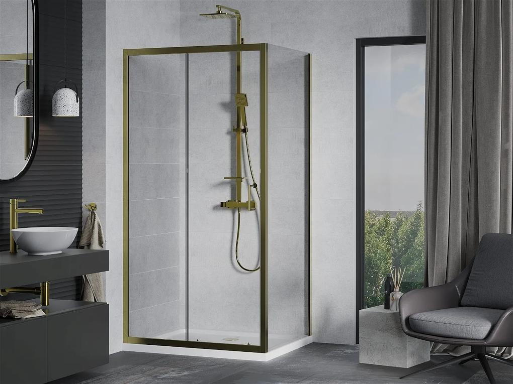 Mexen Apia sprchovací kút s posuvnými dverami 100 (dvere) x 90 (stena) cm, 5mm číre sklo, zlatý profil + biela sprchová vanička SLIM, 840-100-090-50-00-4010G