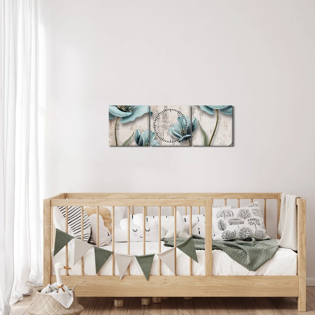 Obraz - Kvety na textúre (s hodinami) (90x30 cm)