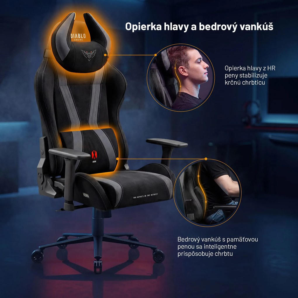 Herné kreslo z látky čierne Normal Size: Diablo X-Horn 2.0 Burned Black