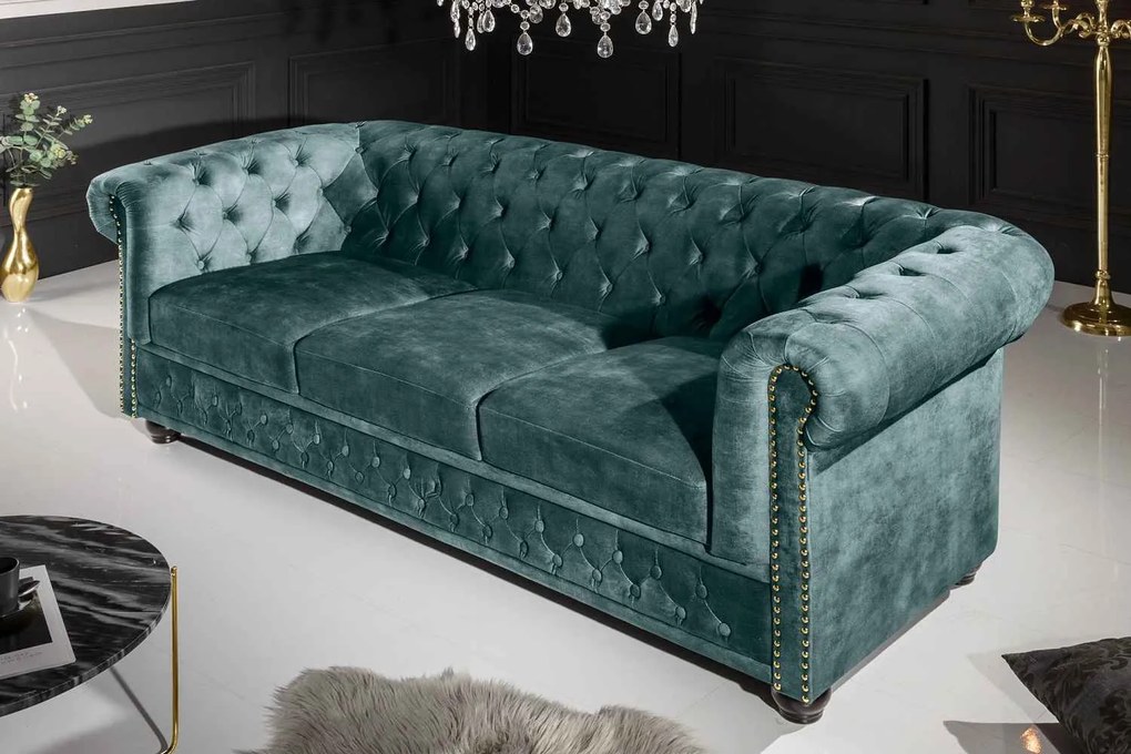 Dizajnová trojsedačka Chesterfield 205 cm petrolejový zamat