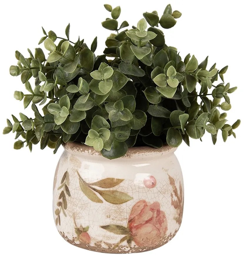 Béžový keramický obal na kvetináč s ružovými kvetmi Olia L - Ø 12*10 cm