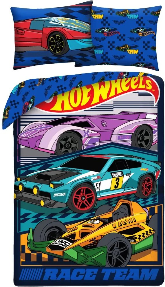 Obojstranné posteľné obliečky z mikrovlákna Hot Wheels – motív Race Team - 70x90 cm + 140x200 cm