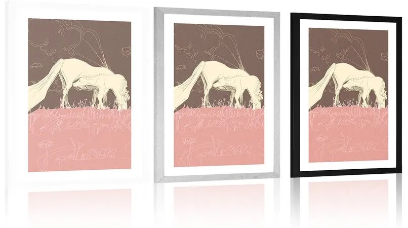 Plagát s paspartou kôň na ružovej lúke - 60x90 white