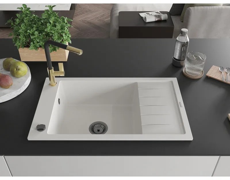 Mexen Elias, 1-komorový granitový drez 795x480x200 mm a drezová batéria Flora, biela, 6511-20-670401-57-B