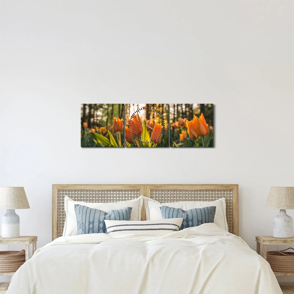 Obraz - kvety tulipánov (s hodinami) (90x30 cm)
