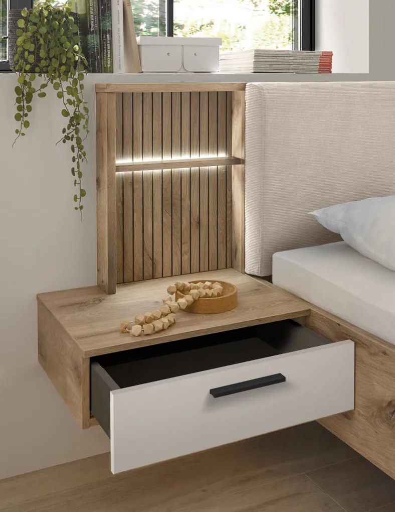 Posteľ s nočnými stolíkmi Daria 180x200 cm, dub/biela, s osvetlením