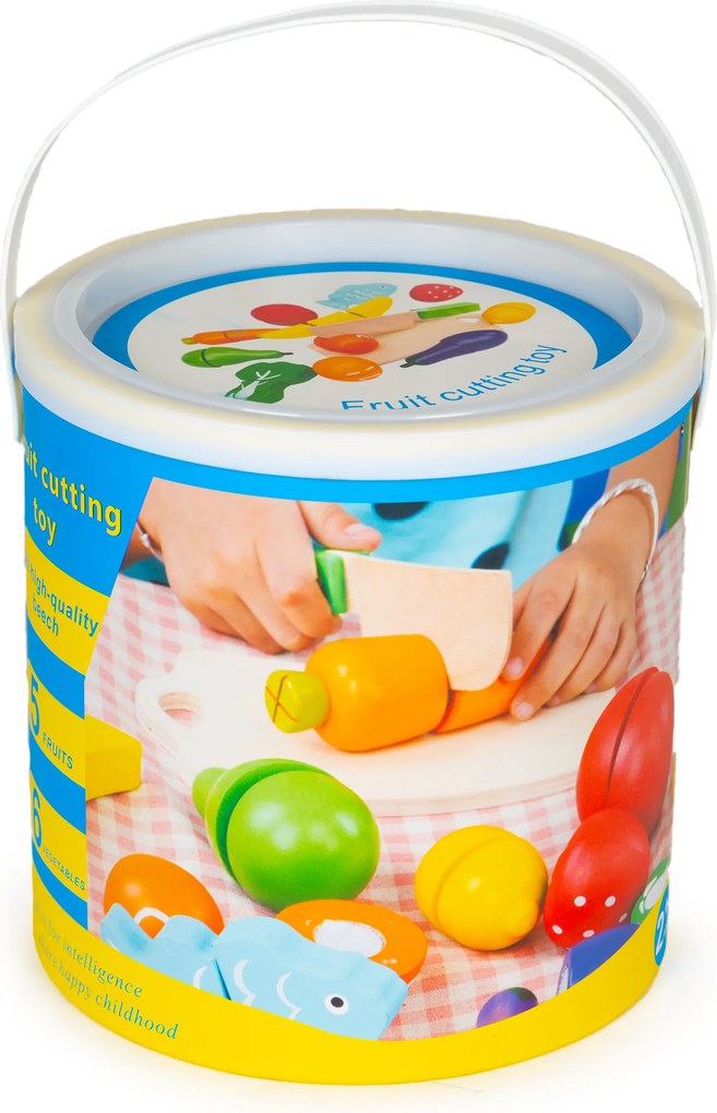 MULTISTORE Drevená súprava ovocia a zeleniny na krájanie – 13 dielov, vedierko, pre deti 3+