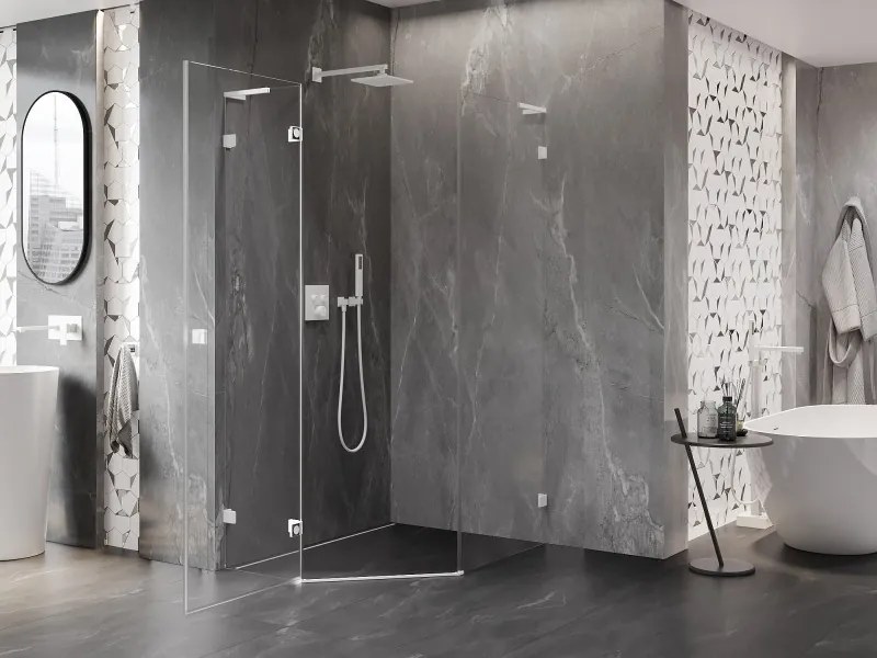 Mexen Lunar, L päťuholníkový sprchový kút naklápací doľava 90 x 100 cm, 8mm číre sklo, biely profil, 831L-090L-100P-20-00-L