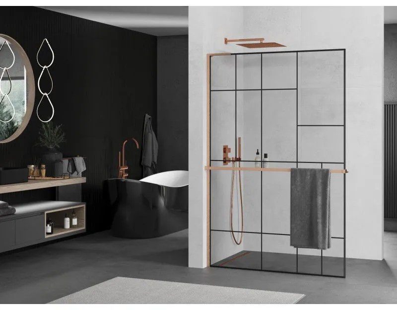 Mexen Kioto+ L, sprchová zástena Walk-In s poličkou a vešiakom 100 x 200 cm, 8mm číre sklo čierny vzor, medený matný profil, 800-100-123-65-78