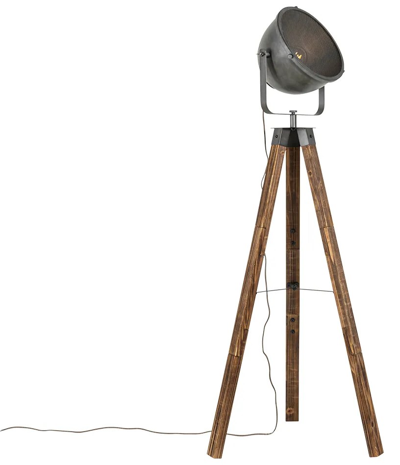 Priemyselná stojaca lampa trojnožka oceľ s dreveným sklonom - Emado